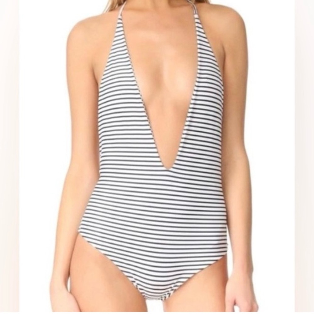 Mikoh Black and White Striped Deep V One-Piece Swimsuit